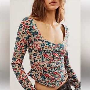 Free People Melanie Floral Long Sleeve Crop Top NWT XS Scoop Neck Boho Festival